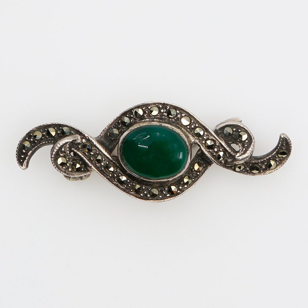 Vintage 925 Sterling Silver Marcasite Green‎ Stone Cabochon Swirl Brooch 1970s